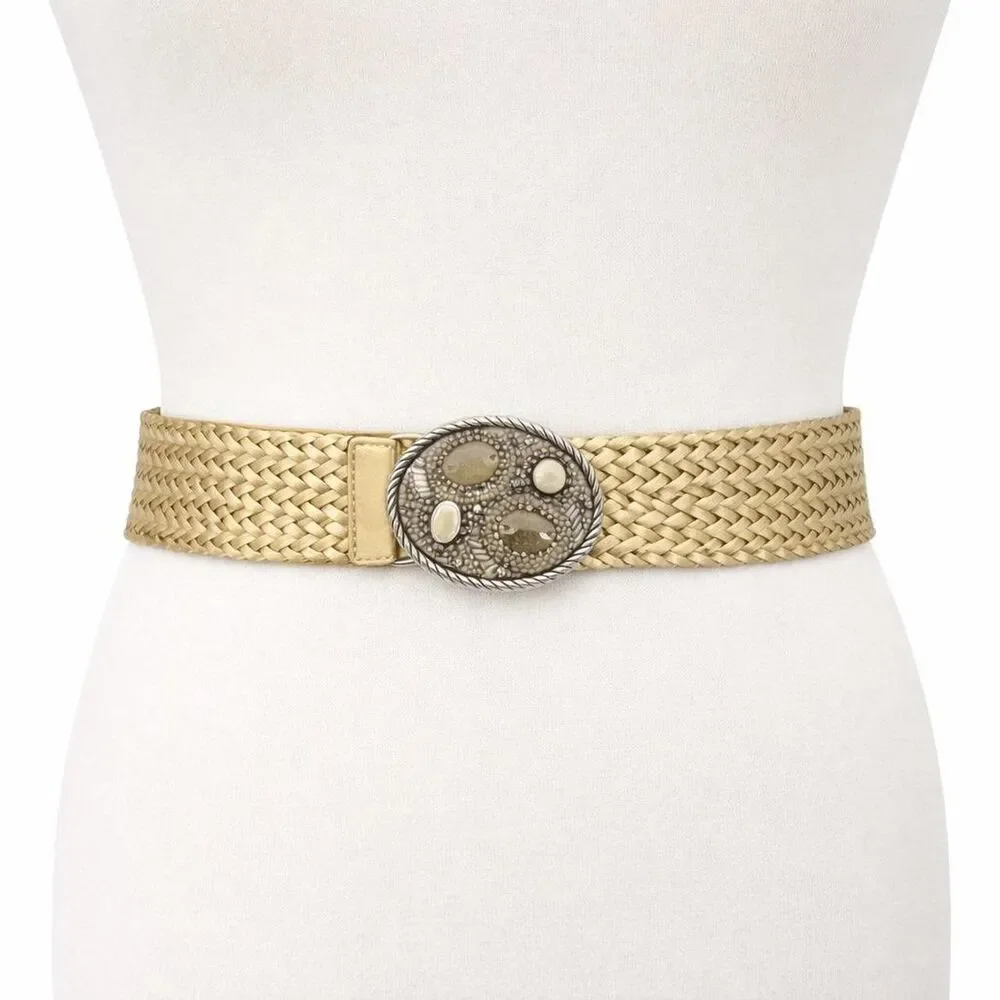 Chicos Gold Metallic Belt Beaded Buckle Braided Leather Hook Closure Boho